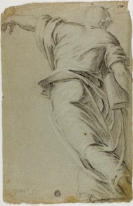 Moses caminhando para a esquerda, apontando com a mão esquerda de Tintoretto