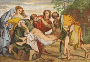 José de Arimateia deitando o corpo de Jesus no seu próprio túmulo (litografia a cores) de Titian (c.1488-1576) (after)