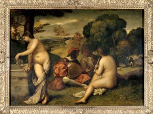 O concerto da banda Músicos na relva, as duas mulheres estão nuas, uma delas encheu seu jarro com água em uma fonte. Pintura atribuída a Tiziano Vecellio dit le Titian (1485-1576) ou Giorgio da Castelfranco dit Giorgione (1476/1478-1510) Sol. 1,05 X 1