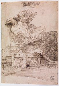 Casas e uma águia (caneta e tinta sobre papel)