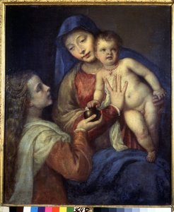 Madonna e Criança com Maria Madalena. Pintura por Ticiano (Tiziano Vecellio ou Vecelli ou Tiziano da Cador