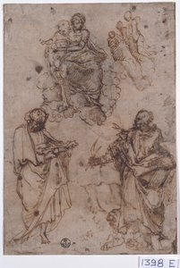 Madona e Menino sentados nas nuvens com santos ou apóstolos (caneta e tinta sobre papel)