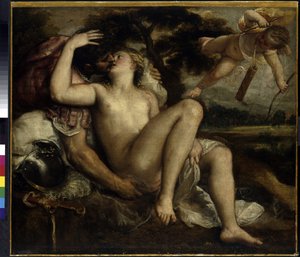 Marte, Vénus e Cupido. Pintura por Tiziano Vecelli ou Vecellio ou Tiziano da Cador, conhecido como Ticiano ou Ticiano (c. 1490-1576), óleo sobre tela, c. 1530. Arte italiana (Veneza)