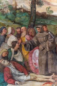 Santo António recolocando o pé a um jovem, Escola do Santo, detalhe de 2197268 (fresco) de Titian (c.1488 1576)