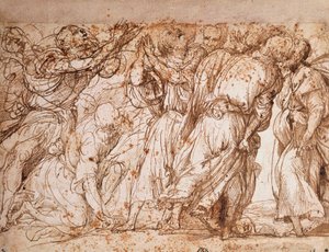 Estudo do grupo dos Apóstolos na Igreja da Assunção dos Frades em Veneza, Tiziano Vecellio (ca. 1490-1576), caneta e desenho a tinta de Titian (c.1488 1576)