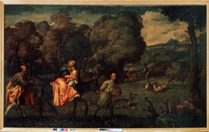 A fuga para o Egito, c.1508 (óleo sobre tela) de Titian (c.1488 1576)