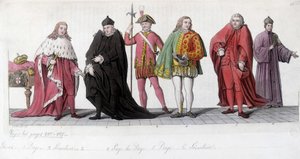 Nobres Venicianos (Doge, Page e Senador). Gravura inspirada em Tiziano Vecellio conhecida como Le Titian (1485-1576) e replicada nos mosaicos da Basílica de São Marcos. Em "O traje antigo e moderno" 1819-1820, de Jules Ferrario.