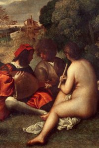 O concerto da banda Músicos na relva, as mulheres estão nuas. Pormenores. Pintura atribuída a Tiziano Vecellio dit le Titian (1485-1576) ou Giorgio da Castelfranco dit Giorgione (1476/1478-1510) Sol. 1,05 X 1,36 m Paris, musee du Louvre