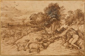 Uma paisagem de madeira com uma mulher nua, com a cabeça escondida por um manto (caneta e tinta marrom sobre papel creme) de Titian (c.1488 1576)