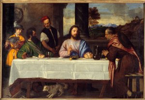 Jantar em Emaús Conheça Jesus com pelerins. Pintura de Tiziano Vecellio dit le Titian (1485-1576) 16th Century Sun. 1,69x2,44 m de Titian (c.1488 1576)