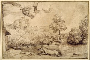 Paisagem: um cavalo sem cavaleiro perseguido por uma serpente (caneta e tinta castanha sobre papel de cor creme) de Titian (c.1488 1576)