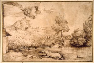 Paisagem: um cavalo sem cavaleiro perseguido por uma serpente (caneta e tinta castanha sobre papel creme) de Titian (c.1488 1576)