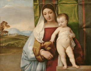"Madonna zingarella" (La madone bohemienne) (The Gipsy Madonna) Peinture de Tiziano (Titien ou Titian) (1488-1576) vers 1510 - Óleo sobre madeira Dim 65,5x83,5 cm Museu de História da Arte, Vienne de Titian (c.1488 1576)