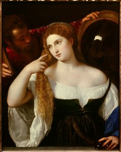 Retrato de uma mulher com seu banheiro Um espelho atrás dele reflete a cena. Uma criada segura outro espelho para ela, ela se olha silenciosamente. A jovem mulher seria Laura Dianti, dona de Alfonso I d