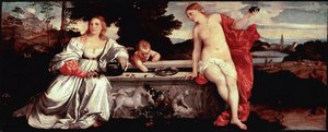 Amor Sagrado e Amor Secular Pintura de Tiziano Vecellio chamada Titian (1490-1576) 1515 aproximadamente. Sol. 118x279 cm Roma, Galleria Borghese - Amor Sagrado e Profano - Pintura de Tiziano Vecellio, chamado Titian (c.1488-1576), óleo sobre tela, ca. 1515 de Tiziano Vecelli