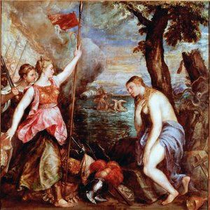 Espanha em ajuda da Religião: alegoria da vitória das tropas do Papa Pio V (incluindo Espanha) sobre a frota do Império Otomano na batalha naval de Lepante em 1571. Uma mulher desnudada (religião) é salva por uma guerreira que representa a Espanha. Pintura