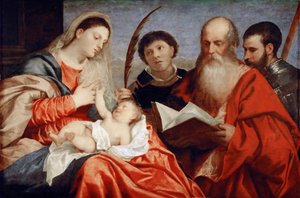 A Virgem e o Menino com os Santos Estêvão, Jerônimo e Maurício - Ticiano (1488-1576). Óleo sobre madeira, c. 1520. Dimensão : 92,7x138 cm. Museu de História de Arte, Vienne de Titian (c.1488 1576)