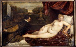O concerto Un woman nude lie en pres un homme playing the organ. Pintura de Tiziano Vecellio chamada Ticiano (1485-1576)