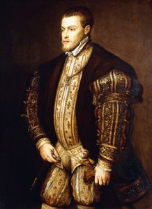 Retrato do rei Filipe II da Espanha, com três quartos de comprimento, usando meia armadura e o distintivo da Ordem do Tosão de Ouro,