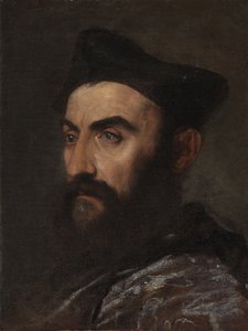 Retrato de um clérigo, busto, com um casaco azul e chapéu preto - um fragmento