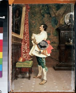 "Antes de um Retrato" Um homem, vestido com um uniforme de mosqueteiro do século XVII, admirando uma pintura (o seu próprio retrato) Pintura de Tito Conti (1842-1924) Mikhail Kroshitsky Art Museum, Sevastopol (Sebastopol) Ucrânia de Tito Conti