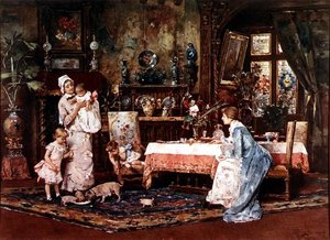 Mãe e filho em um interior elegante