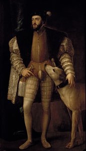 Carlos V (1500-58) Sacro Imperador Romano e Rei da Espanha com seu Cachorro, 1533 de Tiziano Vecelli