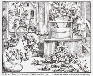 Padres católicos a serem moídos num moinho (xilogravura) de Tobias Stimmer
