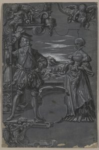 Design para pintura em vidro: homem e mulher em cenário arquitetônico, segundo semestre de 1500. de Tobias Stimmer