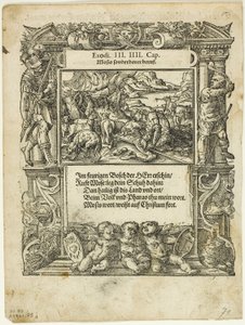 Moisés e a Sarça Ardente (reto) e O Menino Moisés colocado no rio (verso) de Neue künstliche Figuren biblischer Historien, placa 55 de Xilogravuras de livros do século XVI de Tobias Stimmer
