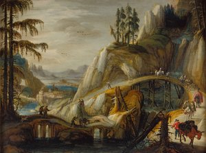 Viajantes numa Paisagem Alpina (óleo sobre painel)