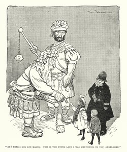 "Ah! Aqui estão Gog e Magog, esta é a jovem que eu estava mencionando para vocês, cavalheiros" (litho) de Tom Browne