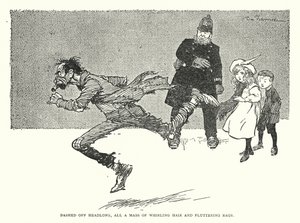De cabeça desfeita, toda uma massa de cabelos ondulados e farrapos agitados (litho) de Tom Browne