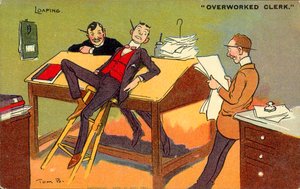 Funcionário preguiçoso e sobrecarregado de trabalho (litografia a cores) de Tom Browne