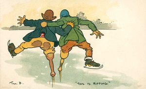 Homens a patinar no gelo com pernas de pau (litografia a cores)