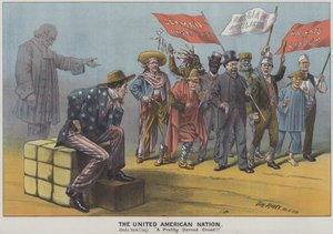 The United American Nation, sátira sobre a diversidade dos imigrantes na sociedade americana do século XIX (litografia a cores)