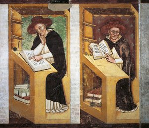 Monges Dominicanos, detalhe do Ciclo de Quarenta Membros Ilustres da Ordem Dominicana, por Tommaso da Modena (1326-1379), fresco, detalhe, Convento Dominicano, Treviso, Itália