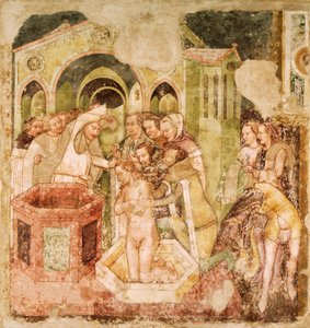 Lenda de Santa Úrsula: Batismo do Príncipe da Inglaterra, por Tommaso da Modena (1326-1379), afresco, Igreja de Santa Caterina, Treviso