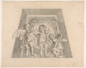Três Putti com Pandeiros e Trombetas, Design para Lunette da Sala delle Muse, Museo Pio-Clementino, Vaticano de Tommaso Maria Conca