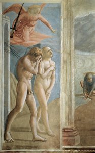 Expulsão do Jardim do Éden (La cacciata) - Caça a Adão e Eva do Jardim do Éden - Fresco por Tommaso di ser Giovanni di Mone Cassai dit Masaccio (1401-1428), 208x88 cm