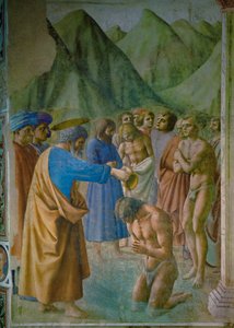 São Pedro baptiza um neófito (fresco) de Tommaso Masaccio