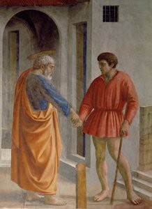 São Pedro entrega o tributo ao cobrador de impostos, depois de ter encontrado a moeda na boca de um peixe, como Jesus tinha previsto (fresco) de Tommaso Masaccio
