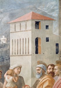 São Pedro Distribuindo os bens comuns da Igreja e a morte de Ananias, detalhe da arquitetura de fundo, c.1427 afrescos, ver também 57194, 63321 e 63322 de Tommaso Masaccio