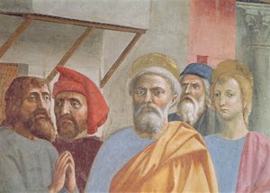 São Pedro Cura Com Sua Sombra: detalhe de São Pedro, c.1427 afrescos de Tommaso Masaccio