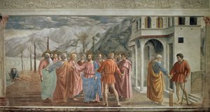 Tribute Money - Le paiment du tribut (A homenagem) - Fresco por Tommaso di ser Giovanni di Mone Cassai dit Masaccio (1401-1428), 254,5x598,3 cm