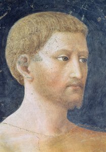 A tentação de Adão e Eva detalhe da cabeça de Adão, c.1427 afresco