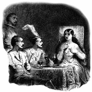 Uma mulher jovem e três homens em frente a copos de vinho. Pormenor de uma gravura (água-forte) de Tony Johannot (Antoine Johannot, dit de Tony Johannot