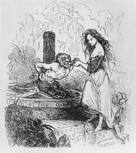 Esmeralda dando uma bebida a Quasimodo, ilustração de "O Corcunda de Notre Dame" de Victor Hugo