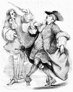 Molière: O cavalheiro burguês, Sr. Jourdain, dança sob a direção do seu mestre de música. Gravura de Tony Johannot na edição das obras completas, Paulin 1836.