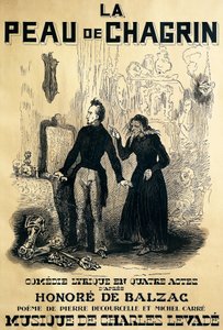Cartaz para Le peau de chagrin, ópera cômica, libreto de Pierre Decourcelle e Michel Carre, música de Charles Levade, do romance de Honore De Balzac, Desenho de Tony Johannot de Tony Johannot
